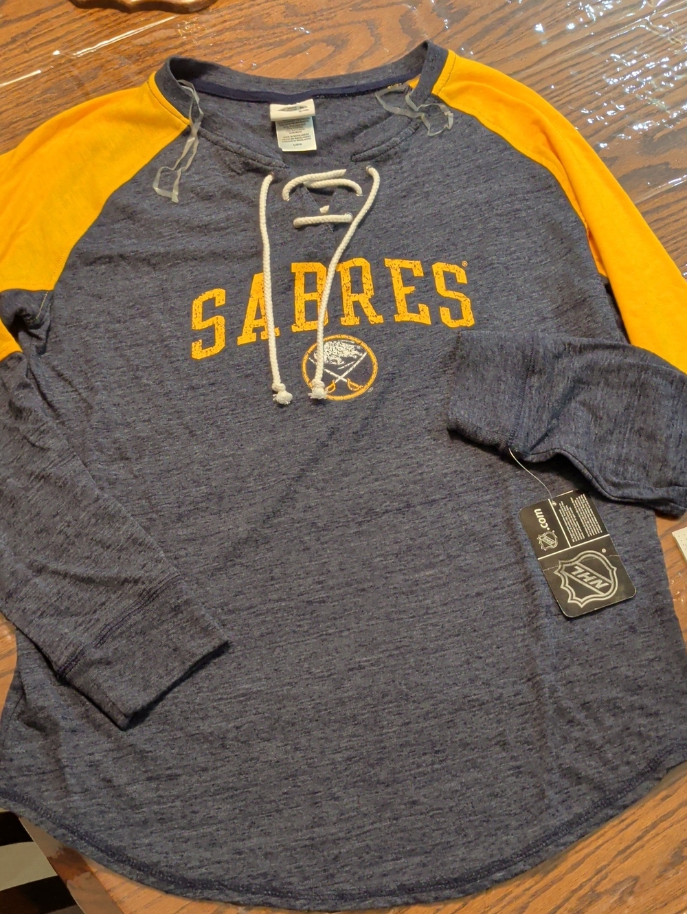 NHL Sabres Raglan Lace-Up Crewneck Sweater - Navy & Gold